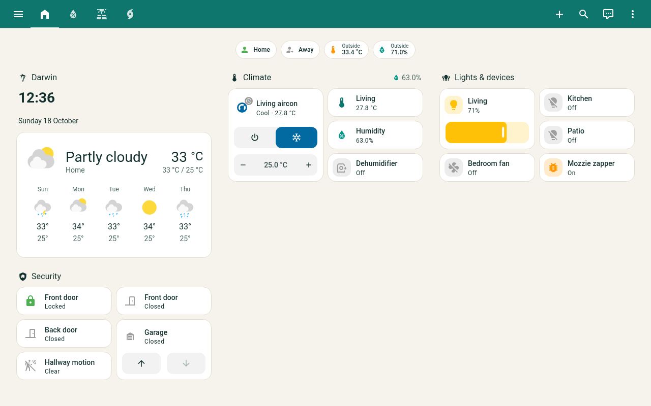 Home tab in Top End Day theme (demo data)