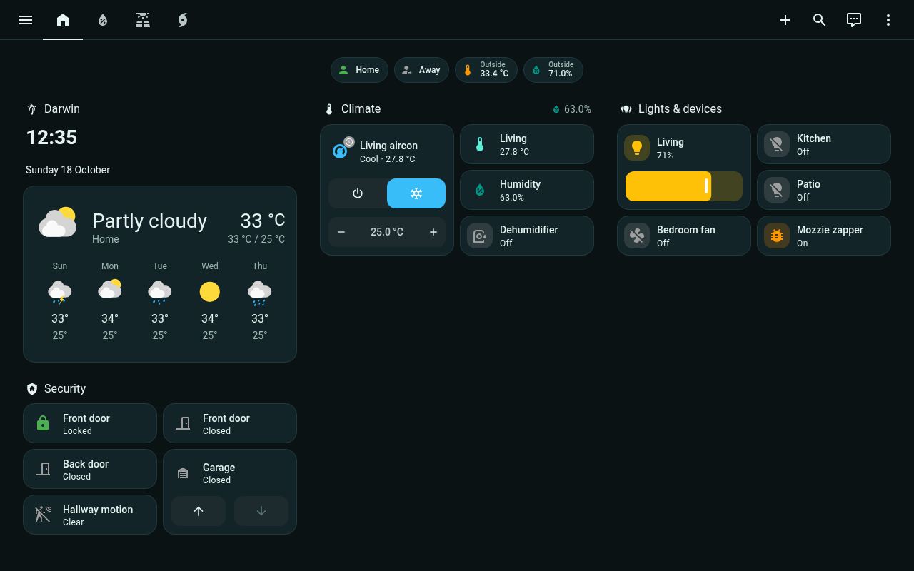 Smart home dashboard, Top End Night theme (demo data)